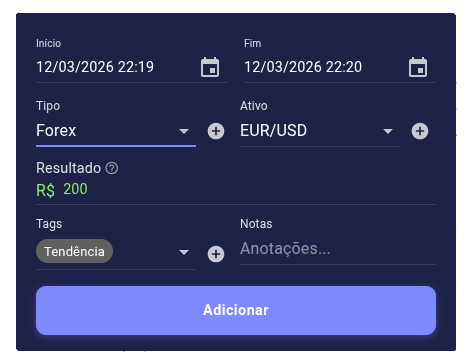 Cadastro rápido de operações de trade no DashTrader